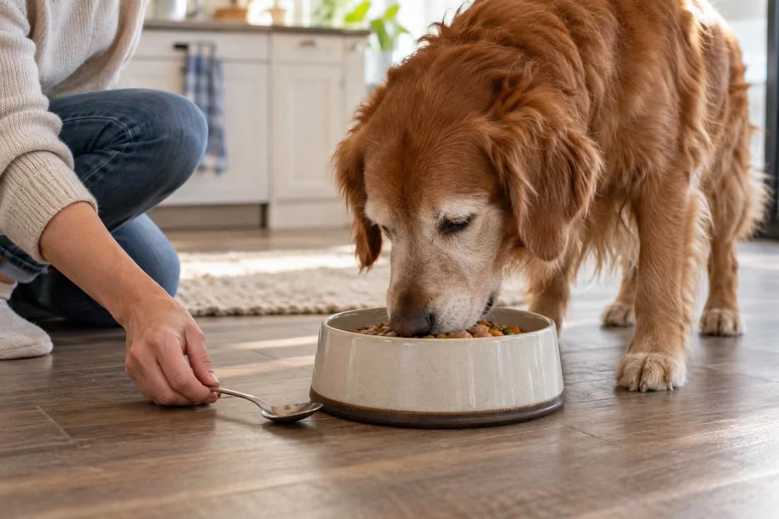 An older dog eats from a ceramic bowl while a caregiver observes nearby.
