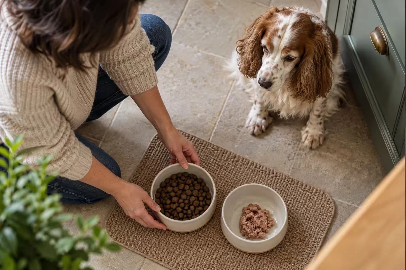 An older dog watches a caregiver arrange separate bowls of dry and soft food.