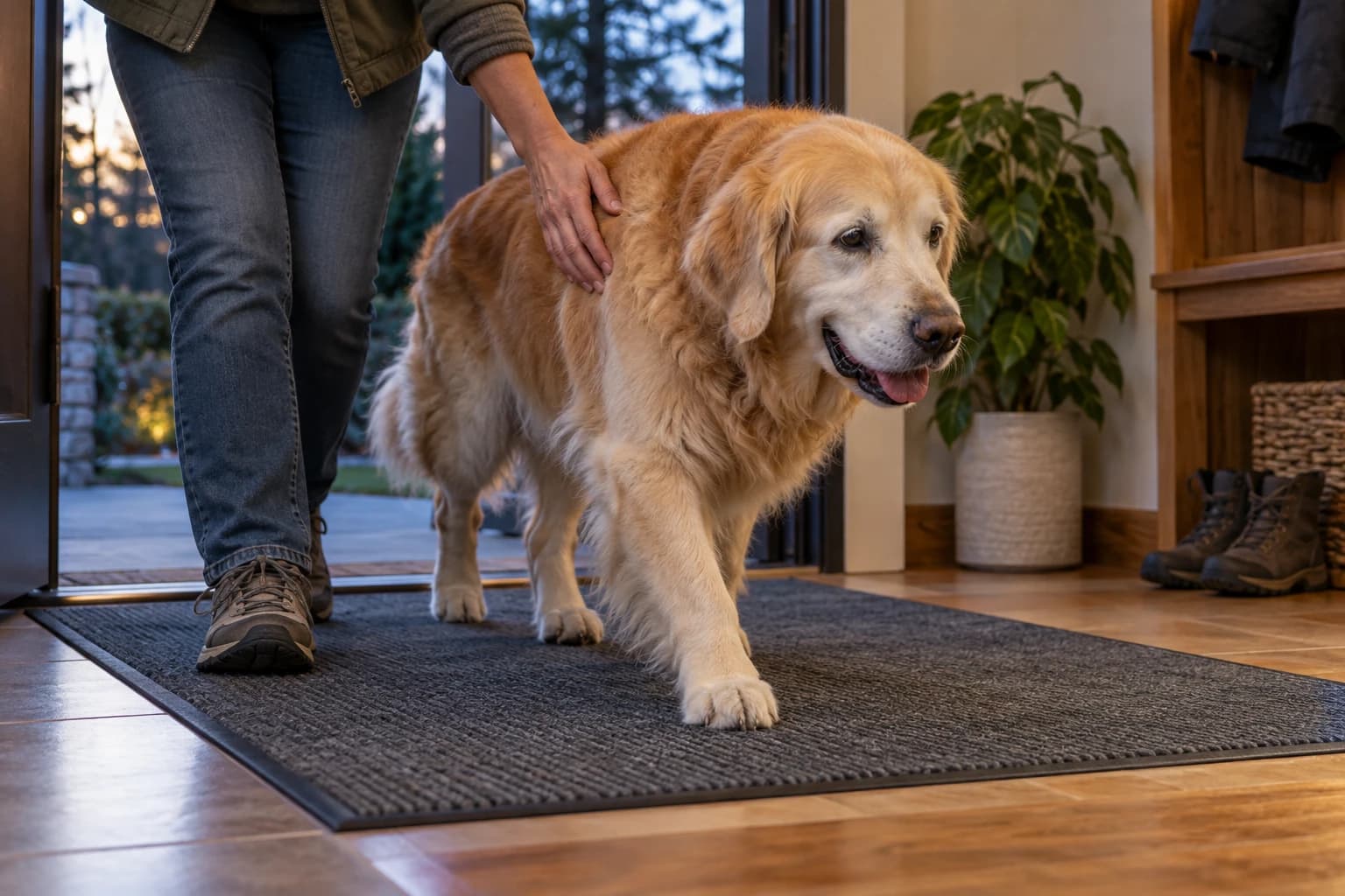 Un perro mayor camina sobre una alfombra antideslizante junto a su cuidador.