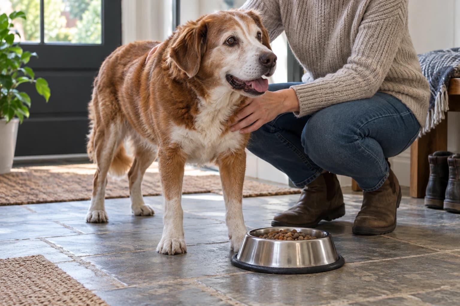 Un cuidador apoya una mano en el hombro de un perro mayor junto a su comida.