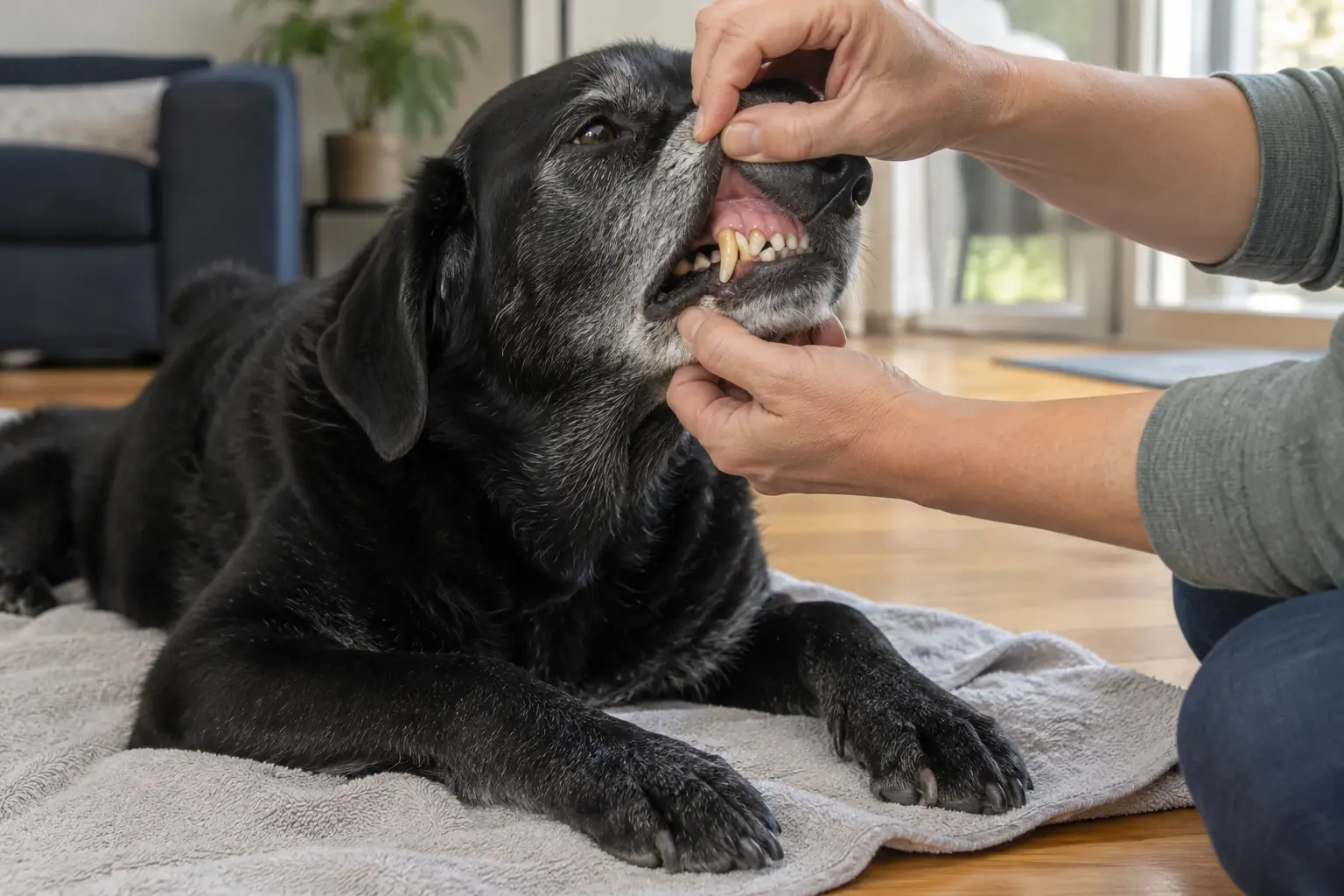 Un cuidador apoya una mano en el hombro de un perro mayor junto a su comida.