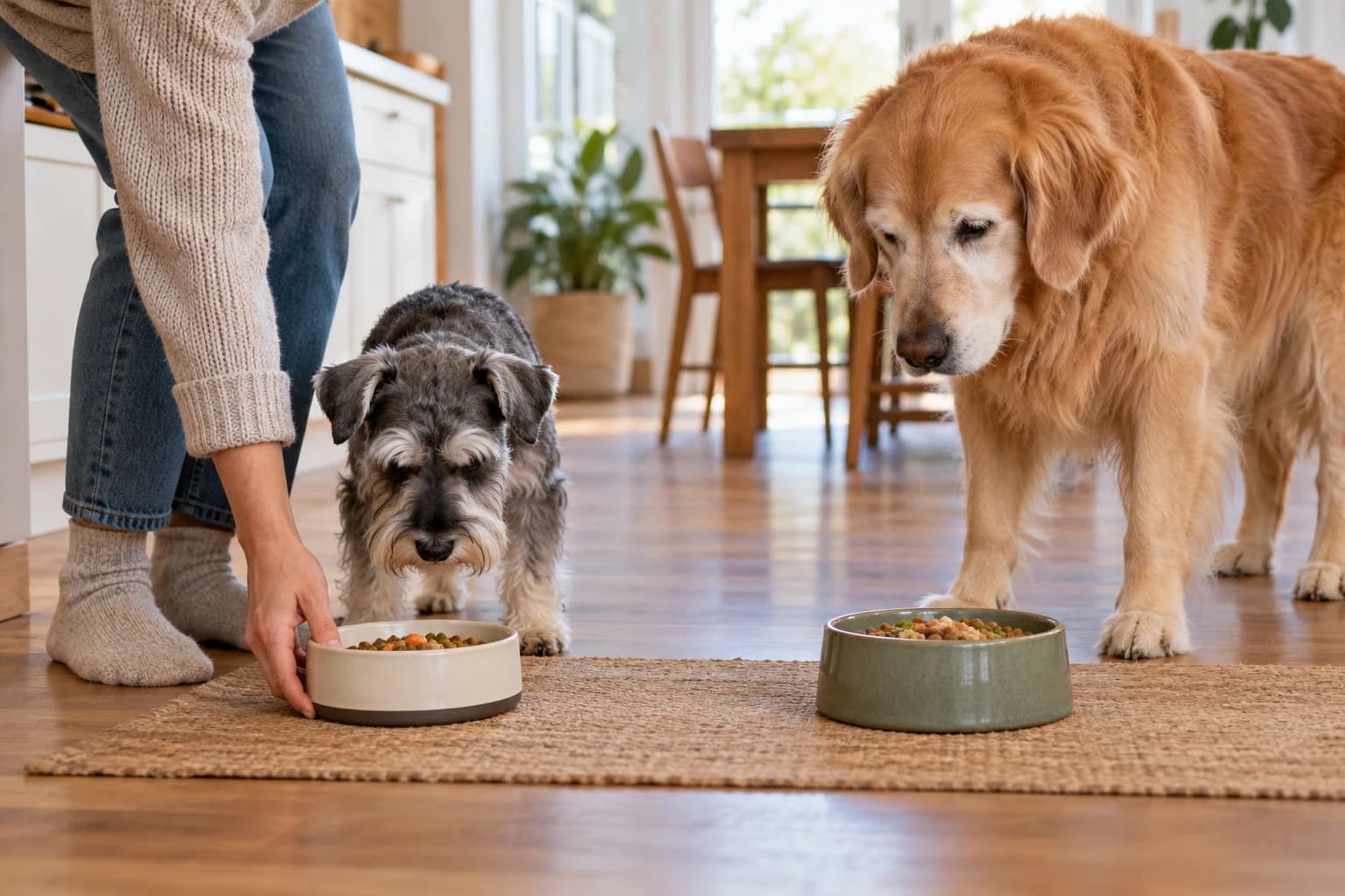 Two older dogs wait beside separate food bowls as a caregiver serves their meals.