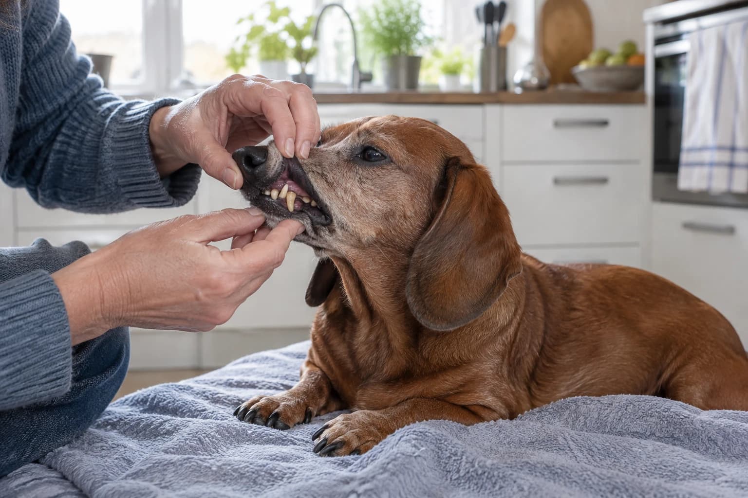 Ein älterer Hund frisst aus einem Keramiknapf, während eine Person daneben zusieht.