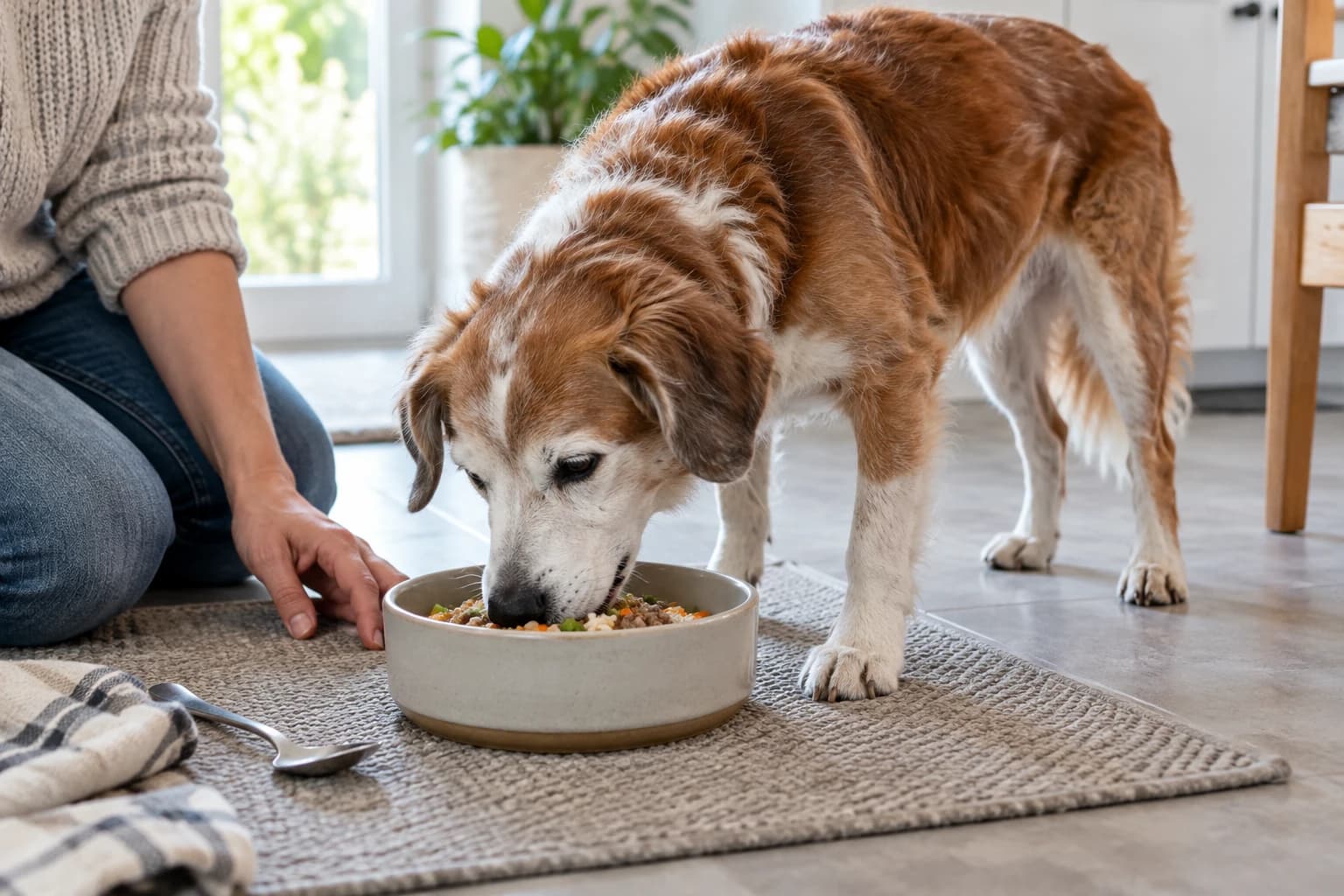 Ein älterer Hund frisst aus einem Keramiknapf, während eine Person daneben zusieht.