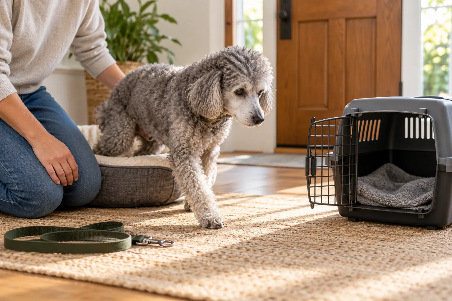 An older dog waits in a veterinary room beside a carrier and resting mat.