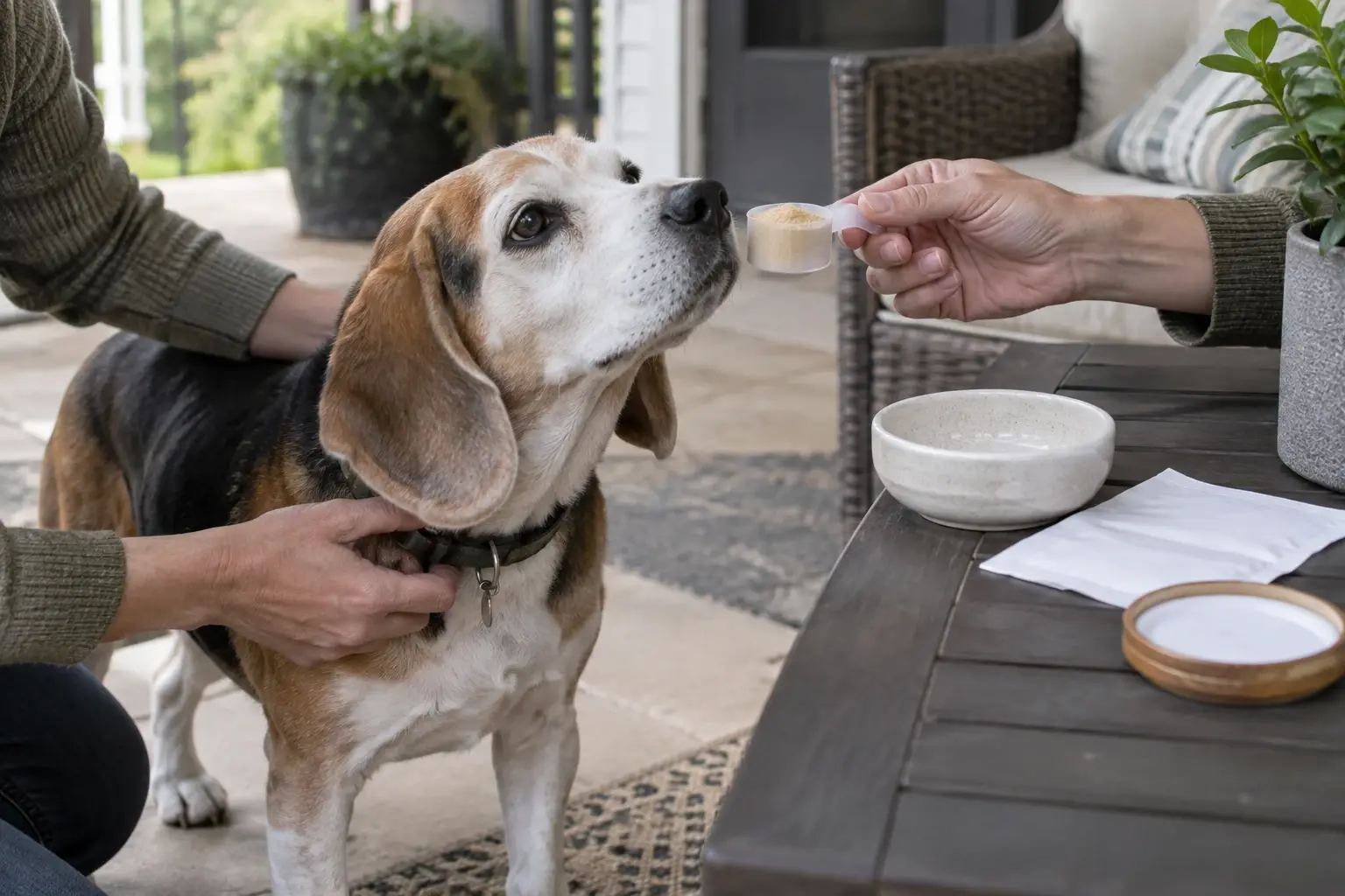 Un perro mayor olfatea una cucharada de comida junto a su cuenco.