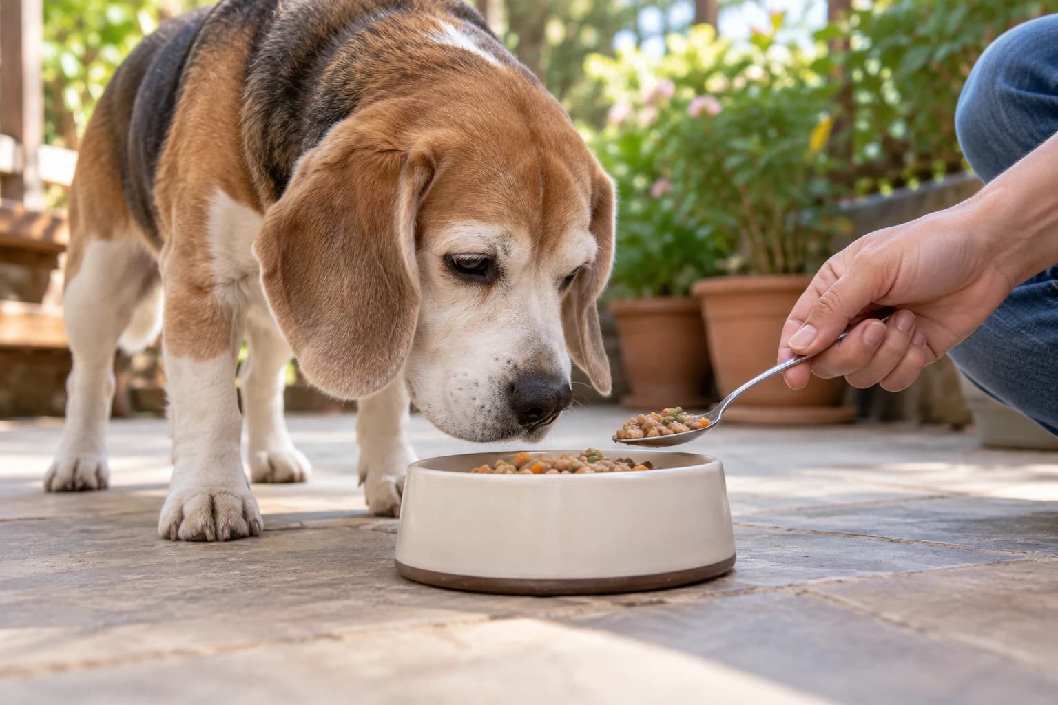 Un perro mayor olfatea una cucharada de comida junto a su cuenco.