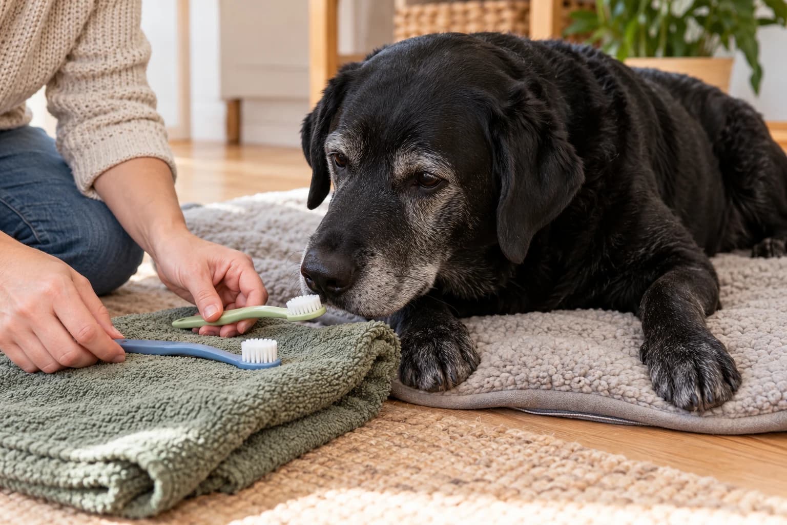 Ein älterer Hund untersucht zwei weiche Zahnbürsten über einem Handtuch.