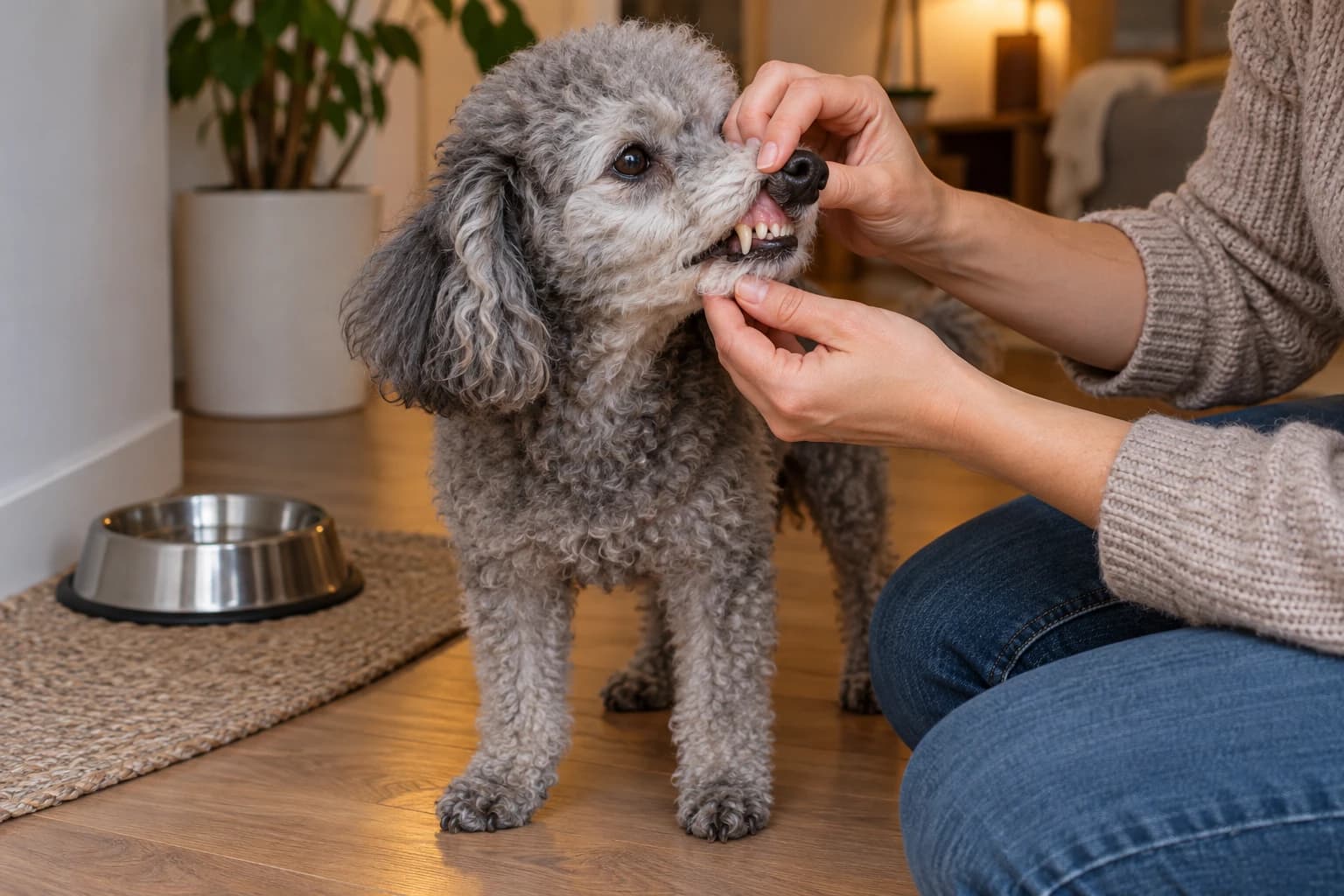 Eine Person hebt vorsichtig die Lippe eines älteren Hundes an, um seine Zähne anzusehen.
