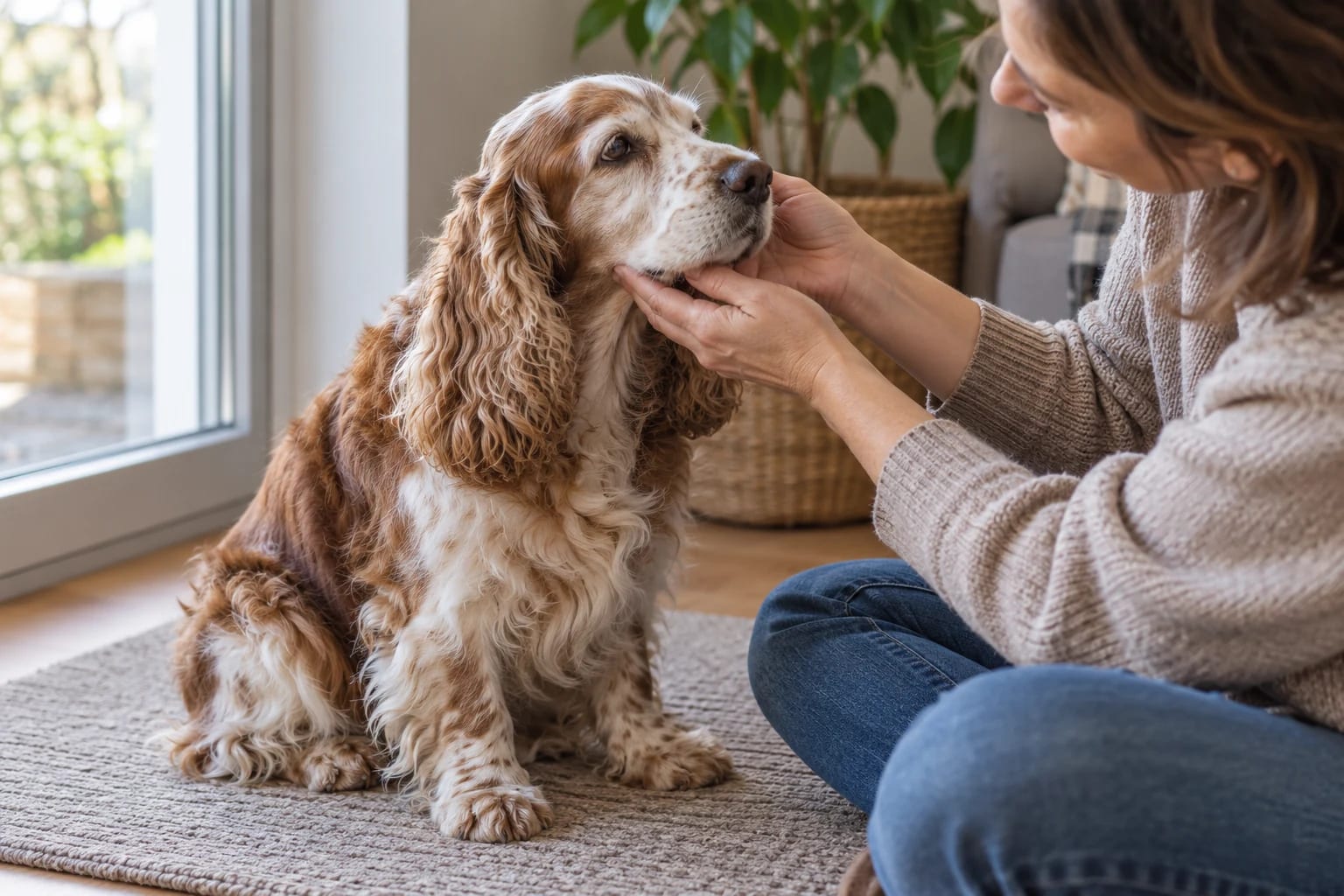 Un cocker spaniel anziano accetta la mano aperta della proprietaria sotto il mento, vicino a una finestra luminosa.