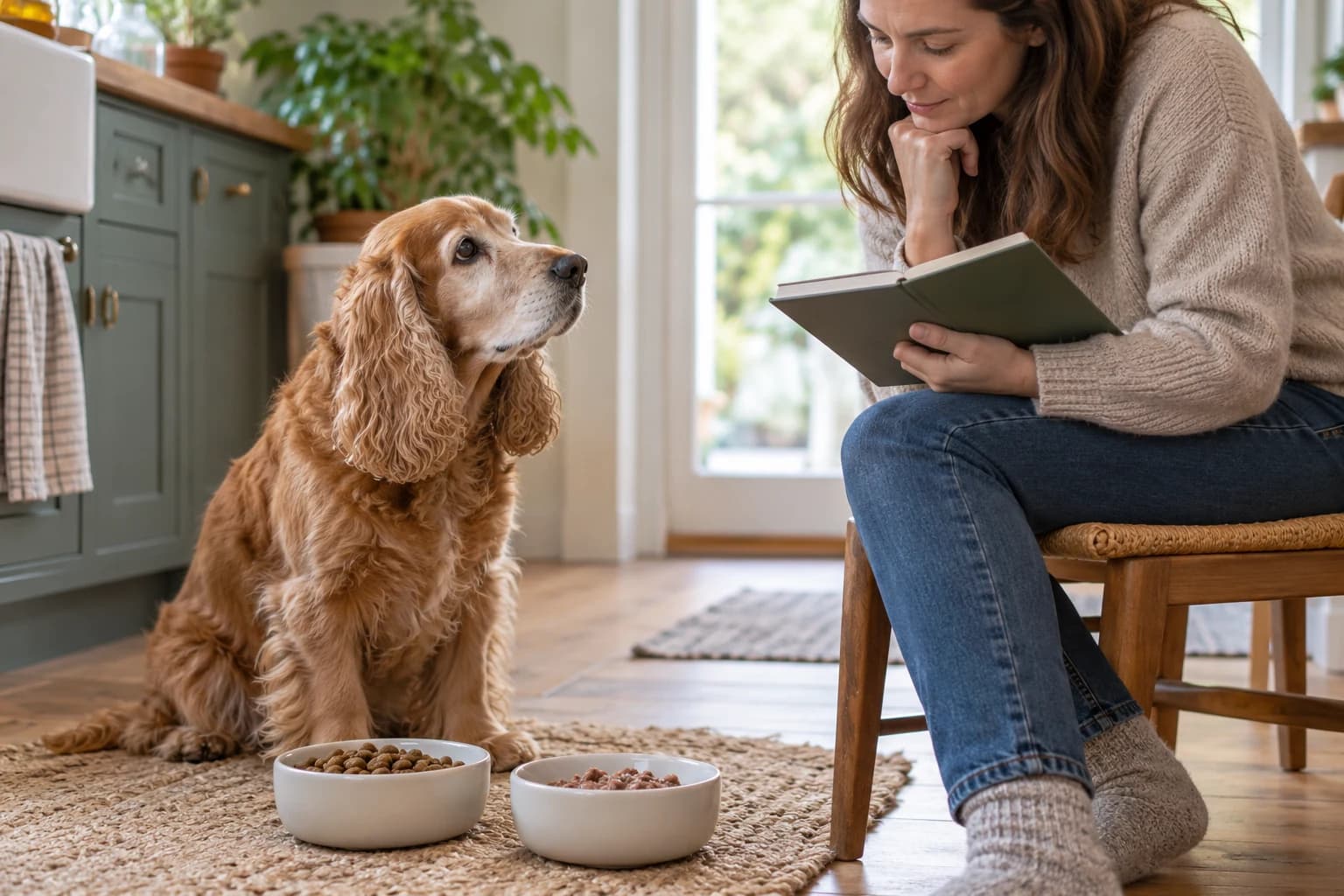 Un cocker spaniel mayor espera junto a dos cuencos de comida mientras su cuidadora sostiene un cuaderno en la cocina.