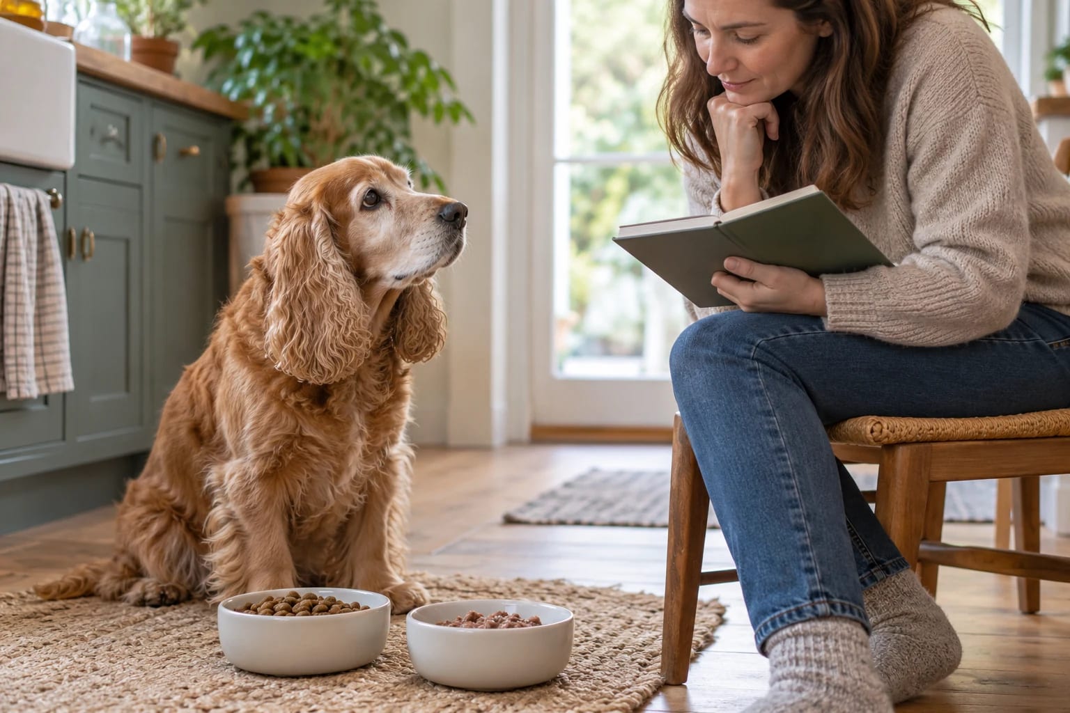Un cocker spaniel mayor espera junto a dos cuencos de comida mientras su cuidadora sostiene un cuaderno en la cocina.