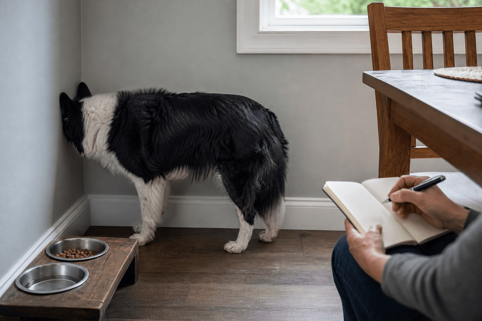 Perro mayor mirando a la pared o de pie en una esquina: qué observar y cuándo consultar